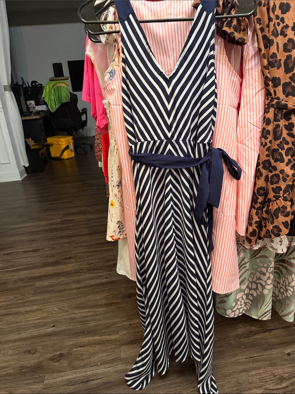 Navy and White Striped V-Neck Maxi Dress with Waist Tie